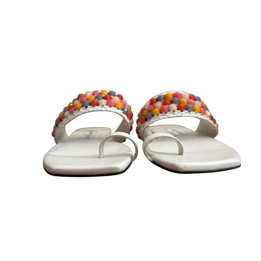 Jimmy Choo White Beaded Multi-Color Slide Sandals